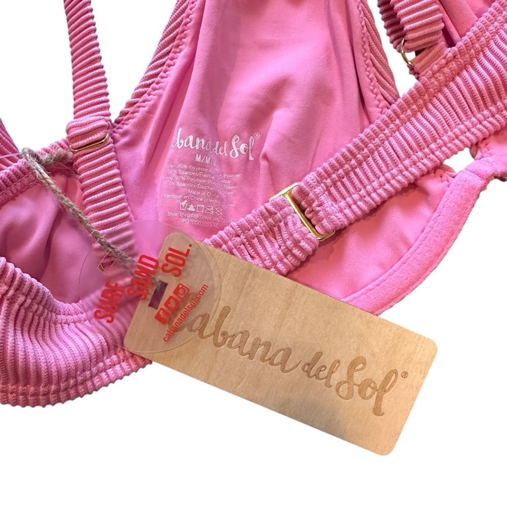 Cabana del Sol Two Piece Pink Ribbed Bikini, Medium - Picture 4 of 8